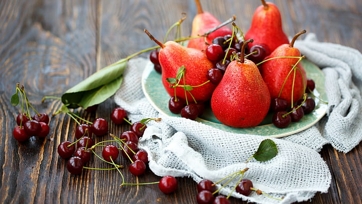 fruit, pears, wooden surface, cherries (food), water drops, food, HD wallpaper