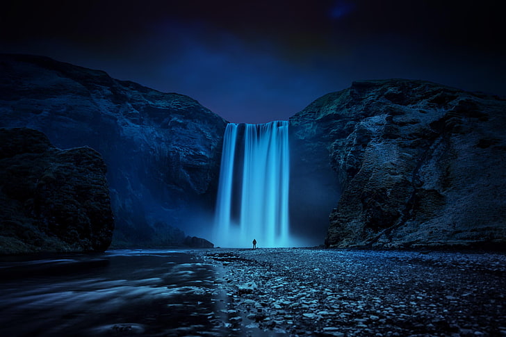 waterfalls, night, nature, river, rocks, people, island, waterfall, stream, Iceland, Skogafoss, Skogarfoss, HD wallpaper