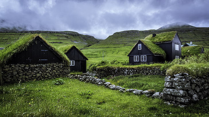 five black houses, the sky, clouds, hills, houses, Faroe Islands, Husevig, Sandoy, Husavik Island, HD wallpaper