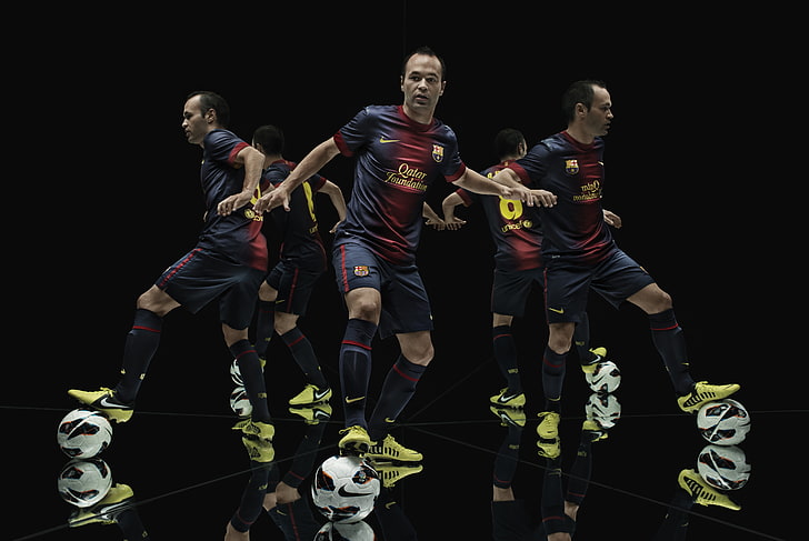 white soccer ball collage, andres iniesta, barca, fc barcelona, nike, sports, football, cleats, HD wallpaper