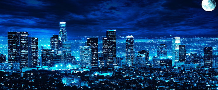 Città, Los Angeles, Blu, Paesaggio urbano, Nube, Luna, Notte, Skyline, Grattacielo, Stati Uniti d'America, Sfondo HD HD wallpaper