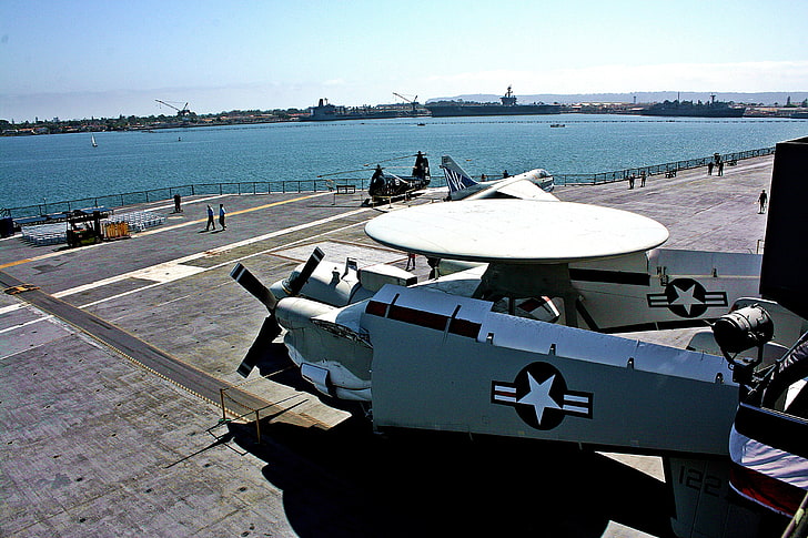 gray and white aircraft, military, USA, sea, airplane, aircraft, navy, United States Navy, HD wallpaper