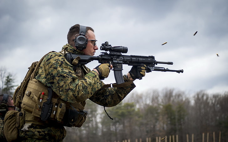 мъжки черни акустични наушници, M27, Корпус на морската пехота на САЩ, автоматична пушка на пехотата, HD тапет