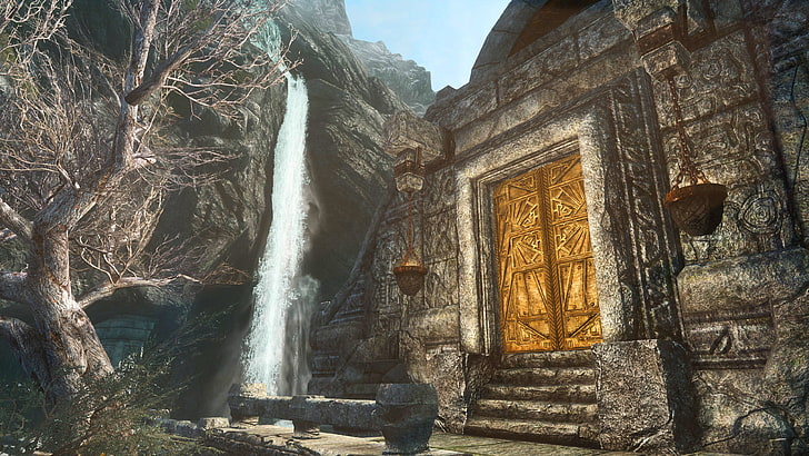 大きな茶色のドアの近くの滝、The Elder Scrolls V：Skyrim、自然、 HDデスクトップの壁紙
