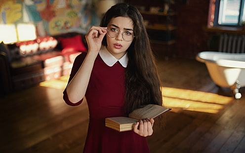 wanita, potret, Sergey Fat, buku, wanita dengan kacamata, Wallpaper HD HD wallpaper