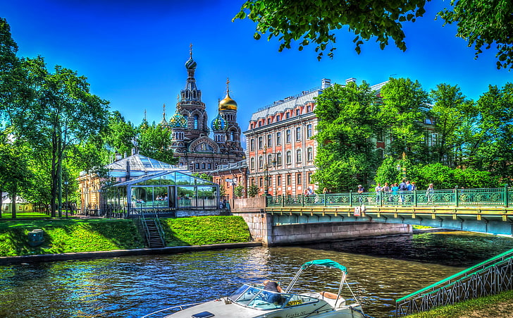 brown concrete building, trees, bridge, river, home, treatment, Saint Petersburg, Church, channel, temple, Russia, HD wallpaper