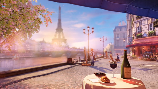 BioShock Infinite, França, vinho, croissants, Torre Eiffel, BioShock, HD papel de parede HD wallpaper