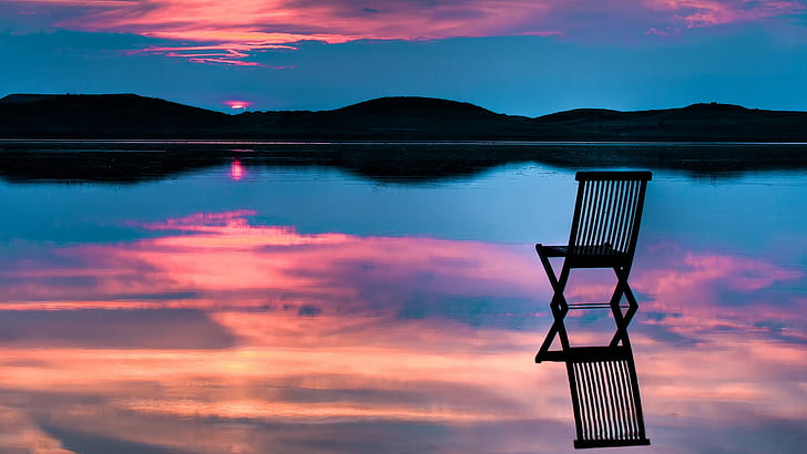 Chair Reflection Clouds HD, nature, clouds, reflection, chair, HD wallpaper