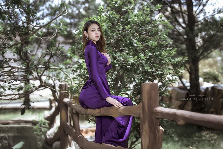 женщины, áo dài, фиолетовое платье, вьетнамский, глубина резкости, деревья, азиатка, HD обои