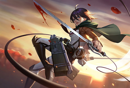 Shingeki no Kyojin, guerriero, spada, Mikasa Ackerman, Jun Luo, Sfondo HD HD wallpaper
