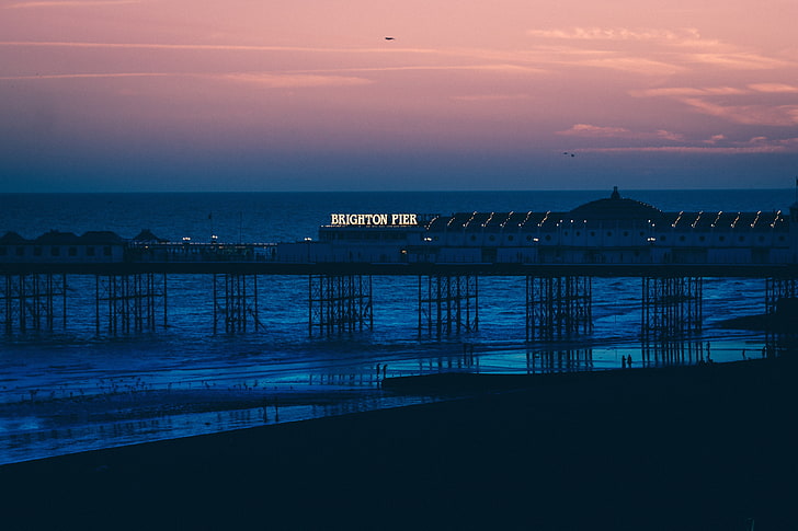 Brighton Pier, Brighton, molo, spiaggia, tramonto, mare, Sfondo HD