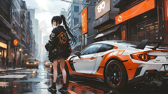  anime girls, race cars, on the street, ponytail, HD wallpaper HD wallpaper