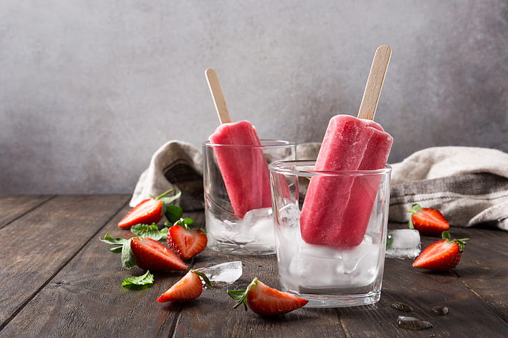 Food, Ice Cream, Berry, Fruit, Glass, Ice, Popsicle, Still Life, Strawberry, HD wallpaper