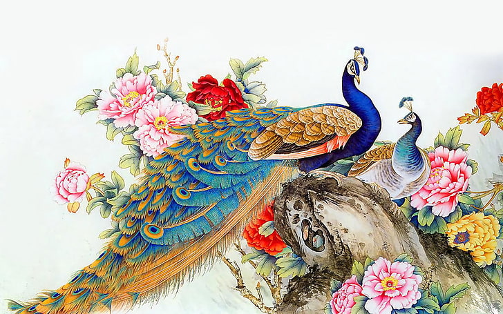 Burung, Merak, Artistik, Burung, Warna-warni, Bunga, Lukisan, Wallpaper HD