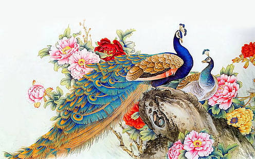 นก, นกยูง, ศิลปะ, นก, ที่มีสีสัน, ดอกไม้, ภาพวาด, วอลล์เปเปอร์ HD HD wallpaper