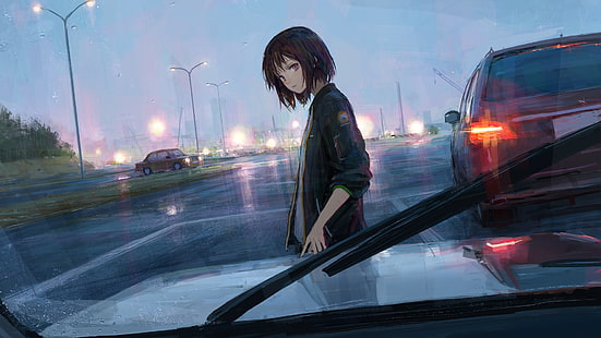 illustration de personnage anime femelle aux cheveux noirs, voiture, pluie, rue, Fond d'écran HD HD wallpaper