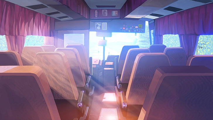 ilustrasi interior bus coklat, bus, sinar matahari, Musim Panas Abadi, Wallpaper HD