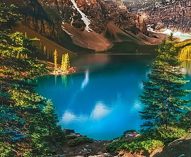 ทะเลสาบใกล้ภูเขาธรรมชาติภูมิทัศน์ทะเลสาบ Moraine ภูเขาป่าทะเลสาบต้นไม้สีเขียวขุ่นฤดูร้อนอุทยานแห่งชาติแบมฟ์แคนาดา, วอลล์เปเปอร์ HD HD wallpaper