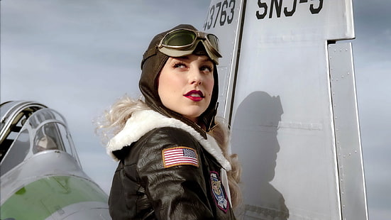 wanita, pilot, kostum, jaket kulit, lipstik merah, pirang, Wallpaper HD HD wallpaper