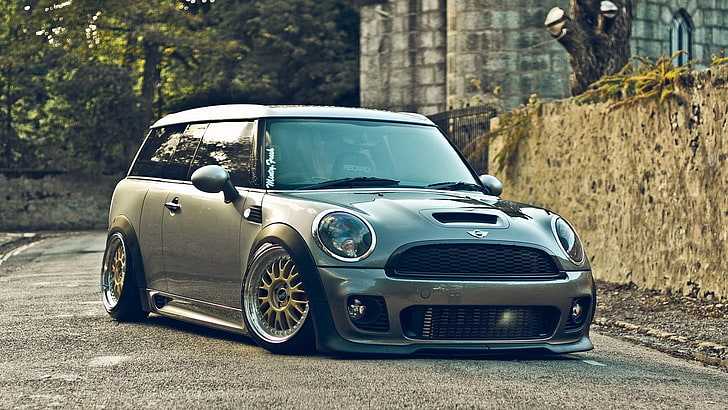 szary 3-drzwiowy hatchback, Mini Cooper, auto, tuning, Tapety HD