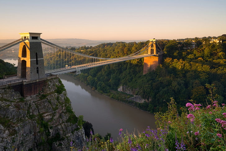 flowers, bridge, river, England, panorama, Bristol, the river Avon, Avon Gorge, Clifton Suspension Bridge, Clifton, Avarskoe gorge, River Avon, HD wallpaper