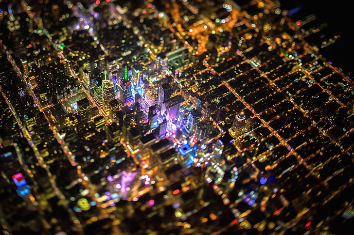 braune Platine, ohne Titel, New York City, Tilt Shift, Times Square, USA, Nacht, Stadt, Luftbild, HD-Hintergrundbild
