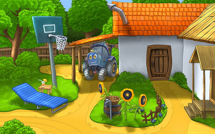Cartoon house, house backyard painting, vector, 1920x1200, house, basket, yard, HD wallpaper