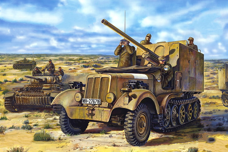 図、アート、兵士、WW2、ドイツ、北アフリカ、戦車PzKpfw III（T-III）、62 cm FK 36（r）、2 mm f-22.7、捕獲された大砲を持つACS 76、 HDデスクトップの壁紙