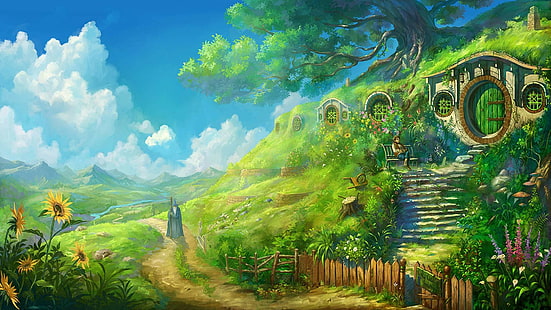 Il Signore degli Anelli, Bag End, Bilbo Baggins, paesaggio, Sfondo HD HD wallpaper