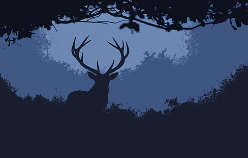silhouette of deer illustration, silhouette of male deer on grass painting, fall, deer, nature, illustration, forest, animals, artwork, HD wallpaper HD wallpaper