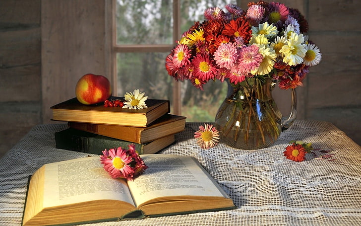 book page and assorted-color flowers, flowers, table, background, widescreen, Wallpaper, mood, books, Apple, fruit, book, vase, owner, page, full screen, HD wallpapers, fullscreen, HD wallpaper