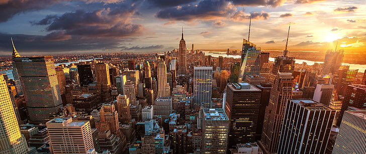 bangunan beton, Kota New York, Manhattan, kota, Gedung Empire State, lampu kota, awan, kaki langit, Wallpaper HD