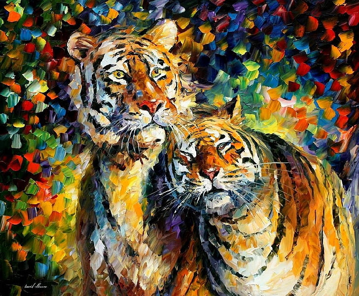 لوحة من نمرين برتقاليين ، نمر ، لوحة ليونيد أفريموف ، حيوانات ، ملونة، خلفية HD