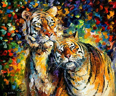 2つのオレンジ色のトラ、トラ、絵画、レオニードアフレモフ、動物、カラフルな絵、 HDデスクトップの壁紙 HD wallpaper