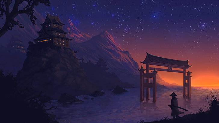 uomo vicino a Torii gate wallpaper, sfondo grigio del tempio, paesaggio, anime, arte digitale, fantasy art, notte, stelle, tramonto, Sfondo HD