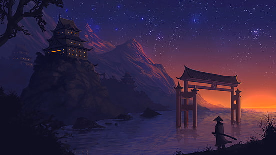 человек возле ворот Тории обои, серый храм обои, пейзаж, аниме, цифровое искусство, фэнтези арт, ночь, звезды, закат, HD обои HD wallpaper