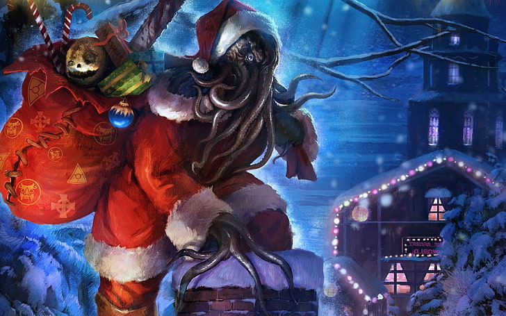 christmas, cthulhu, Presents, Santa Claus, Squids, HD wallpaper