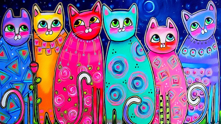 кошки, роспись, глаза, кошки, настроение, луна, фигура, весна, арт, живопись, хвосты, разноцветные кошки, HD обои