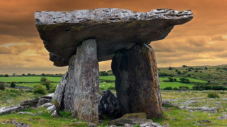 mattoni di cemento nero e grigio, natura, paesaggio, dolmen, pietra, Irlanda, preistorico, archeologia, erba, nuvole, colline, Sfondo HD