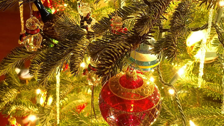 Christmas Tree Decor, decor, christmas, decorations, lights, christmas tree, holiday, 3d and abstract, HD wallpaper