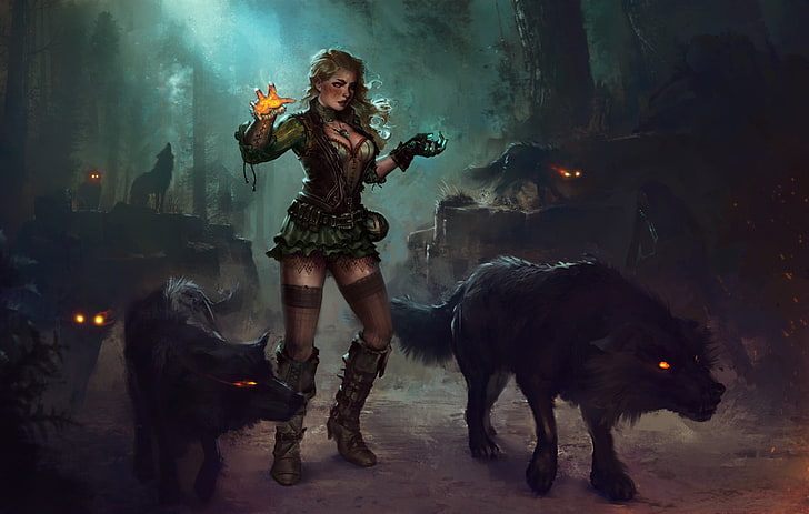 วอลล์เปเปอร์ดิจิตอลต้นแบบสัตว์ร้ายหญิงศิลปะแฟนตาซีเวทมนตร์หมาป่า, วอลล์เปเปอร์ HD