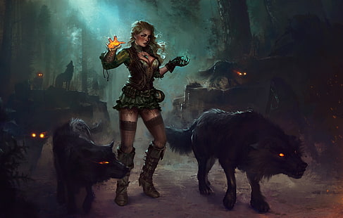женский зверь мастер цифровые обои, фэнтези арт, магия, волк, HD обои HD wallpaper