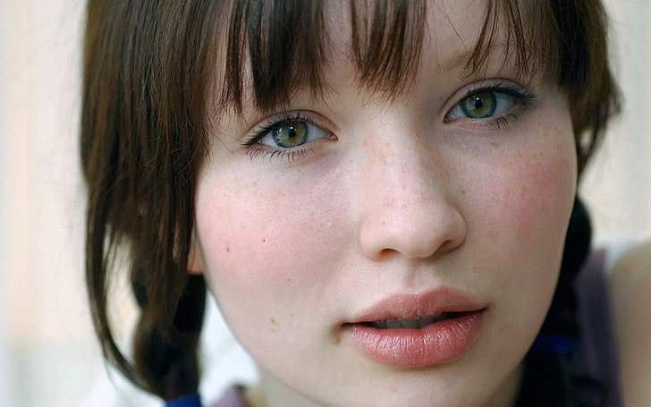 women, Emily Browning, actress, closeup, blue eyes, brunette, clean skin, HD wallpaper