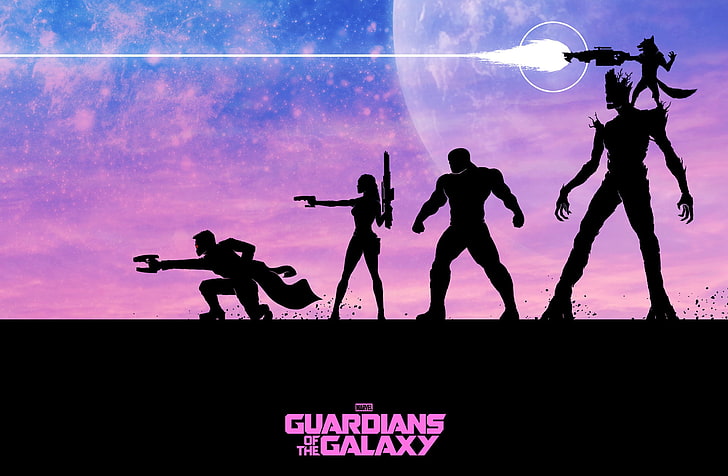 Ilustrasi Guardians of the Galaxy, Rocket, Guardians of the Galaxy, Peter Quill, Bintang-Tuhan, Gamora, Groot, Drax the Destroyer, Wallpaper HD