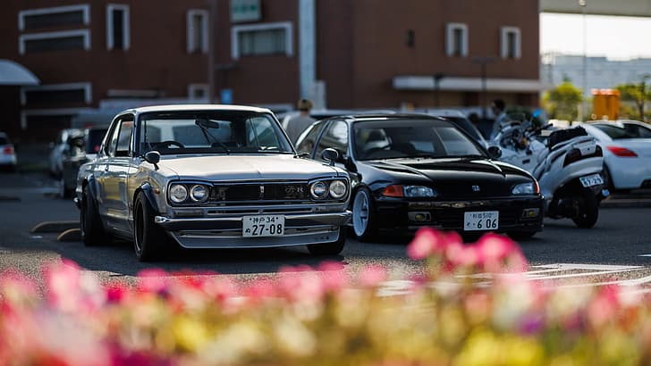daikoku, japanska bilar, sportbil, klassisk bil, Nissan Skyline C10, grå bilar, svarta bilar, Honda Civic, silverbilar, blommor, Larry Chen, HD tapet