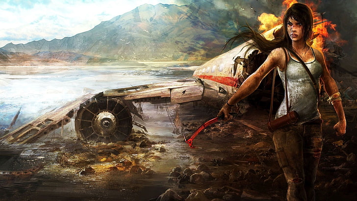 ilustrasi permainan, Tomb Raider, Lara Croft, Bangkitnya Tomb Raider, kecelakaan, pesawat terbang, konsep seni, video game, api, tank top, celana, Wallpaper HD