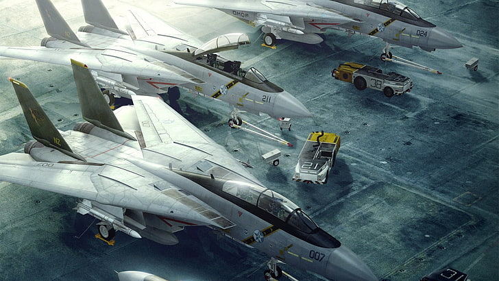 Illustration mit drei grauen Kampfflugzeugen, Grafik, Flugzeug, Grumman F-14 Tomcat, Ace Combat, HD-Hintergrundbild