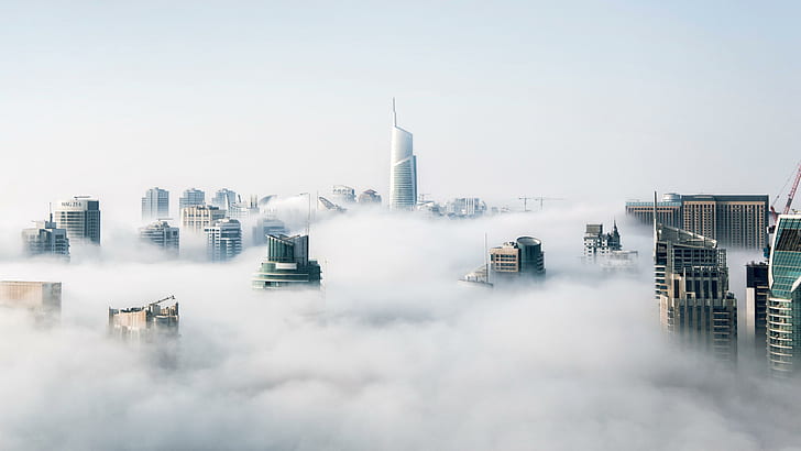 united arab emirates, uae, dubai, fog, daytime, sky, city, skyscraper, cloud, downtown, metropolis, cityscape, metropolitan, urban, aerial photography, asia, HD wallpaper