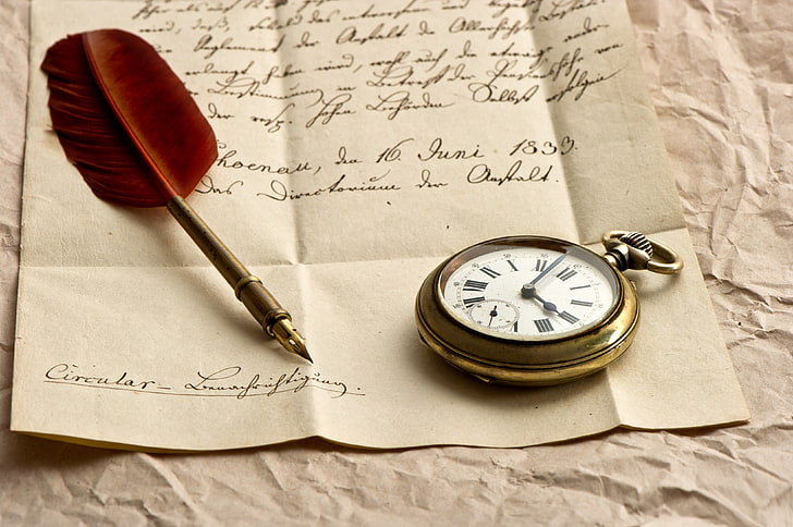 gold pocket watch, clock, letter, paper, ink, pen, feather, HD wallpaper