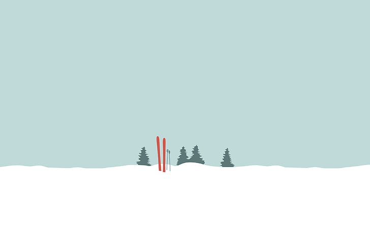 winter, snow, pine trees, skis, minimalism, HD wallpaper
